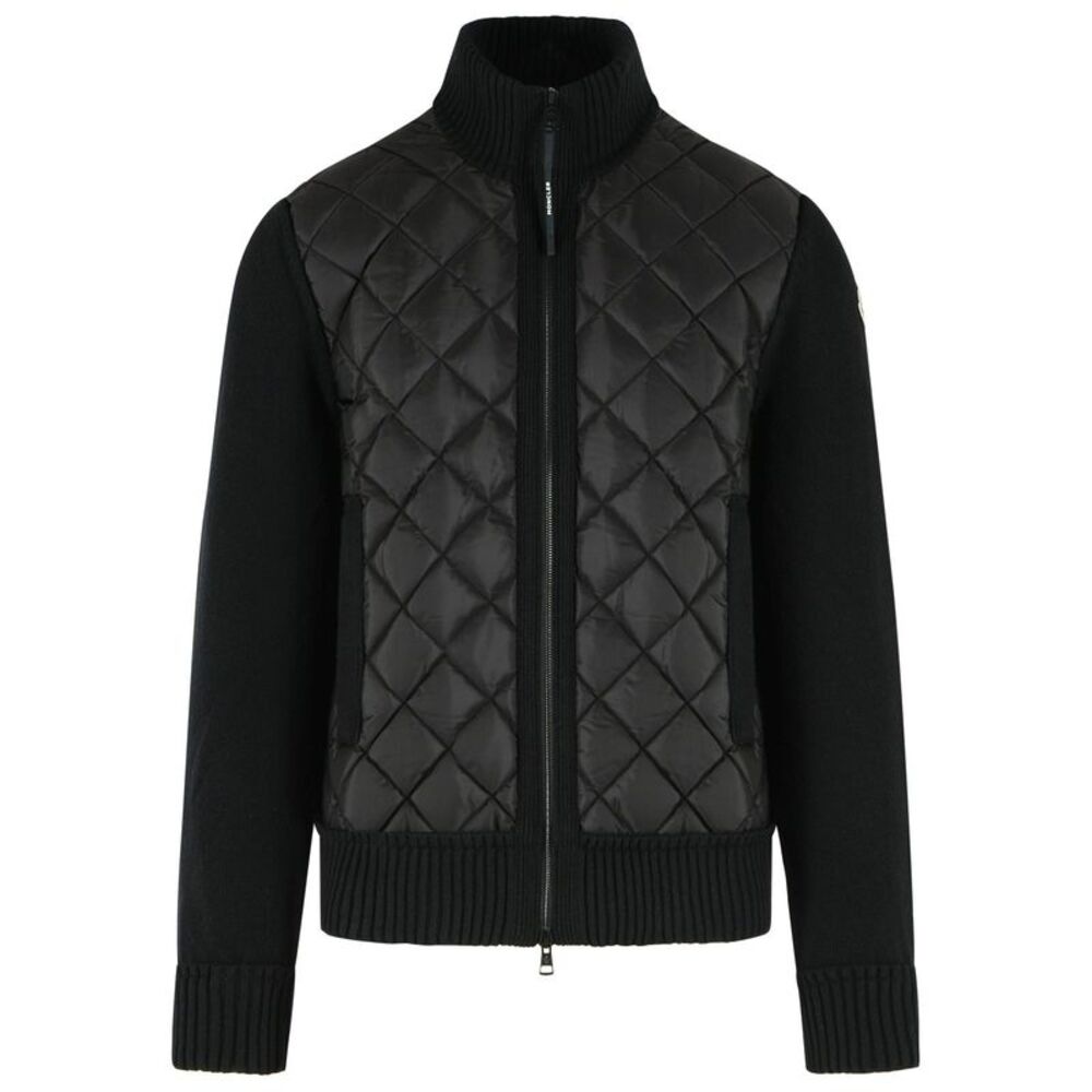 Moncler Padded Cardigan In Black Virgin Wool Blend With Zip Men